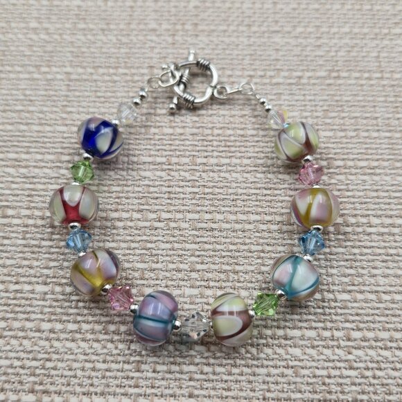 Jewelry - 7.5 Inch Sterling Silver Colorful Crystal And Glass Handmade Bracelet B914